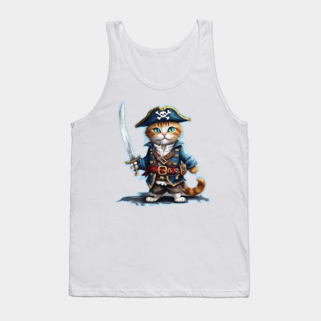 Cute street cat wearing a a pirate outfit and a sword Tank Top by JnS Merch Store